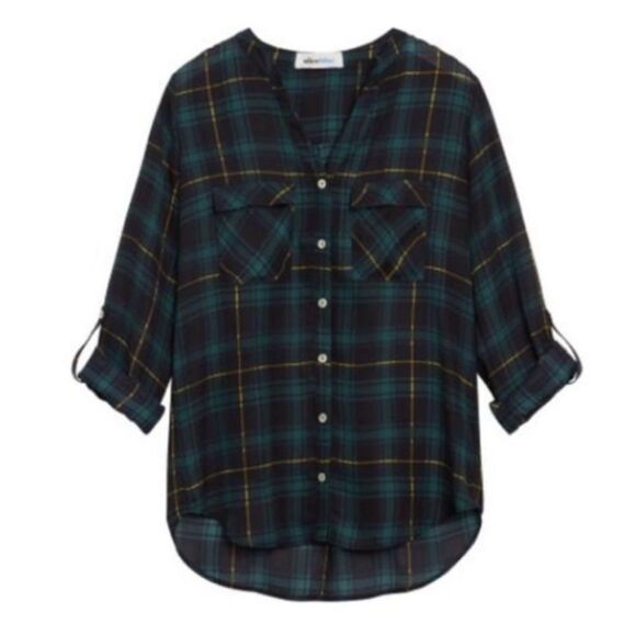 aliceblue x Stitch Fix L Green Black Gold Plaid Button Down Long Sleeve Blouse - Picture 1 of 13